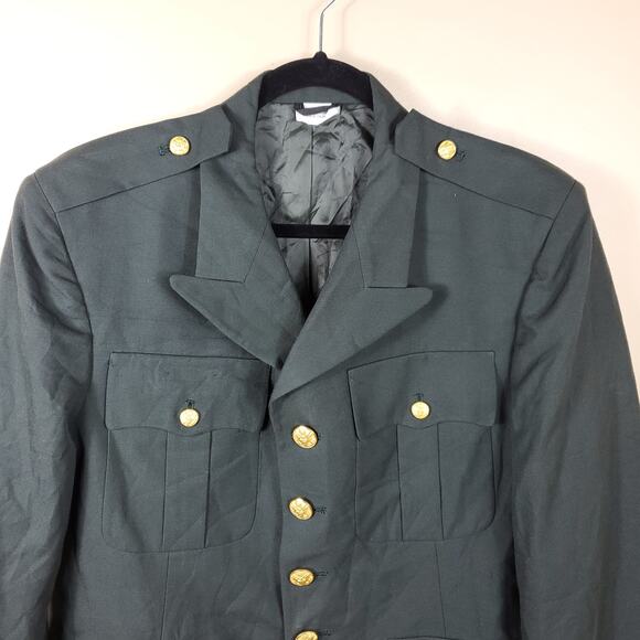 Vintage Army Green Service Coat Blazer Gold Tone Hardware Wool Blend 42R - Picture 2 of 11